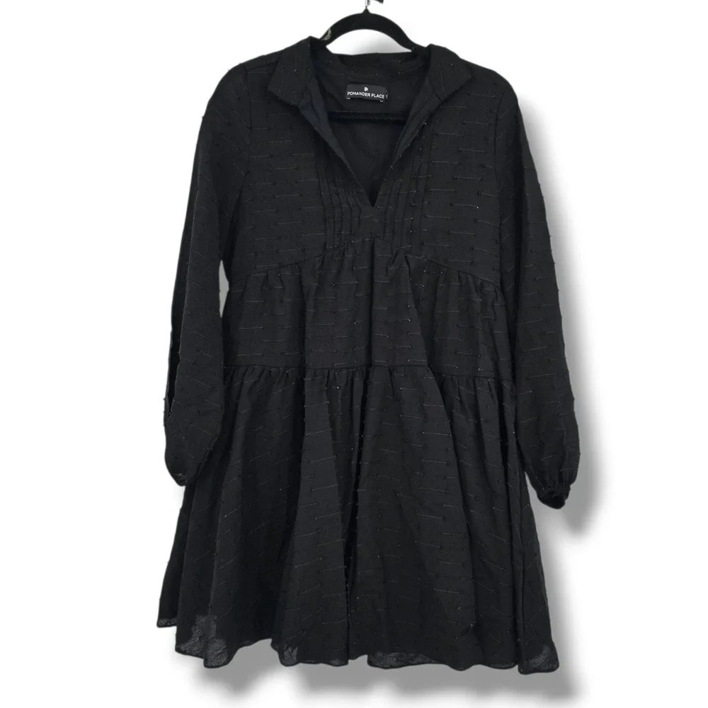 Pomander Place Black Tiered Mini Dress Long Sleeve Dobby Clip Dot Small Y19560T - Picture 1 of 11